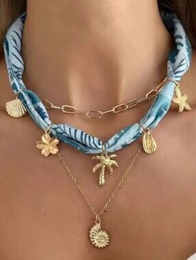 New! Tropical Layered Necklace Set Blue Seashell Beach ( 1030)